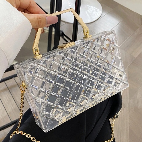 Clear Acrylic Box Clutch With Gold Metal Handle - Picture 2 of 5
